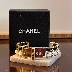 CHANEL Open Cuff Black White Leather Cuff Bracelet - NEW